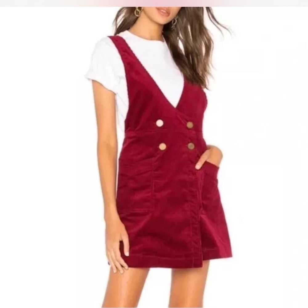 Free People Red Corduroy Pinafore Mini Dress Button Front Pockets Size 6